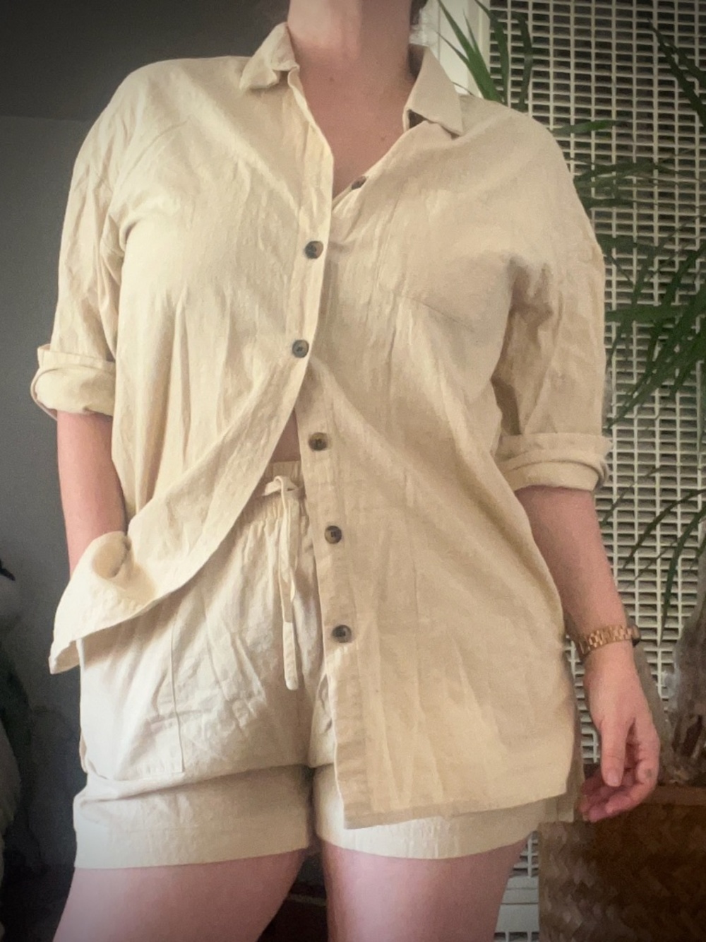 Tan cotton shirt and short set, co-ord size L *3 for 18!*